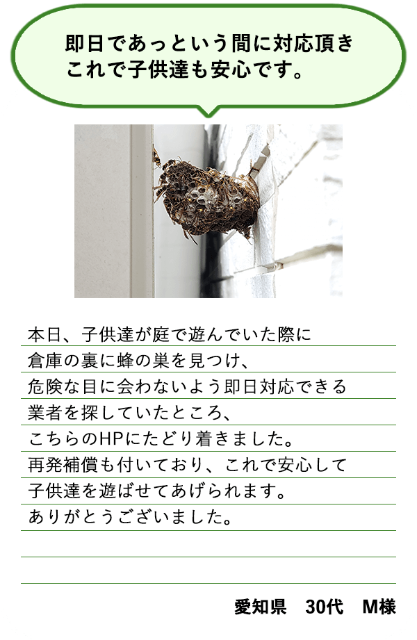 ハチの巣を駆除したお客様の声②